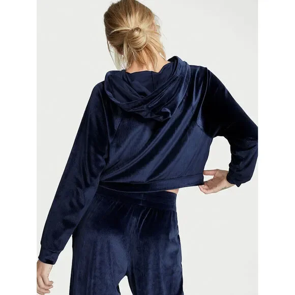 Victoria's Secret S,M,L TRACKSUIT SET Hoodie jogger pants NAVY BLUE VELOUR rib - Picture 3 of 6